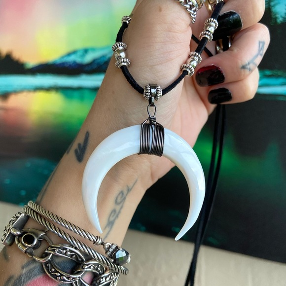 Mother of pearl up side down crecent moon charm on adjustable black suede cord - Picture 3 of 12